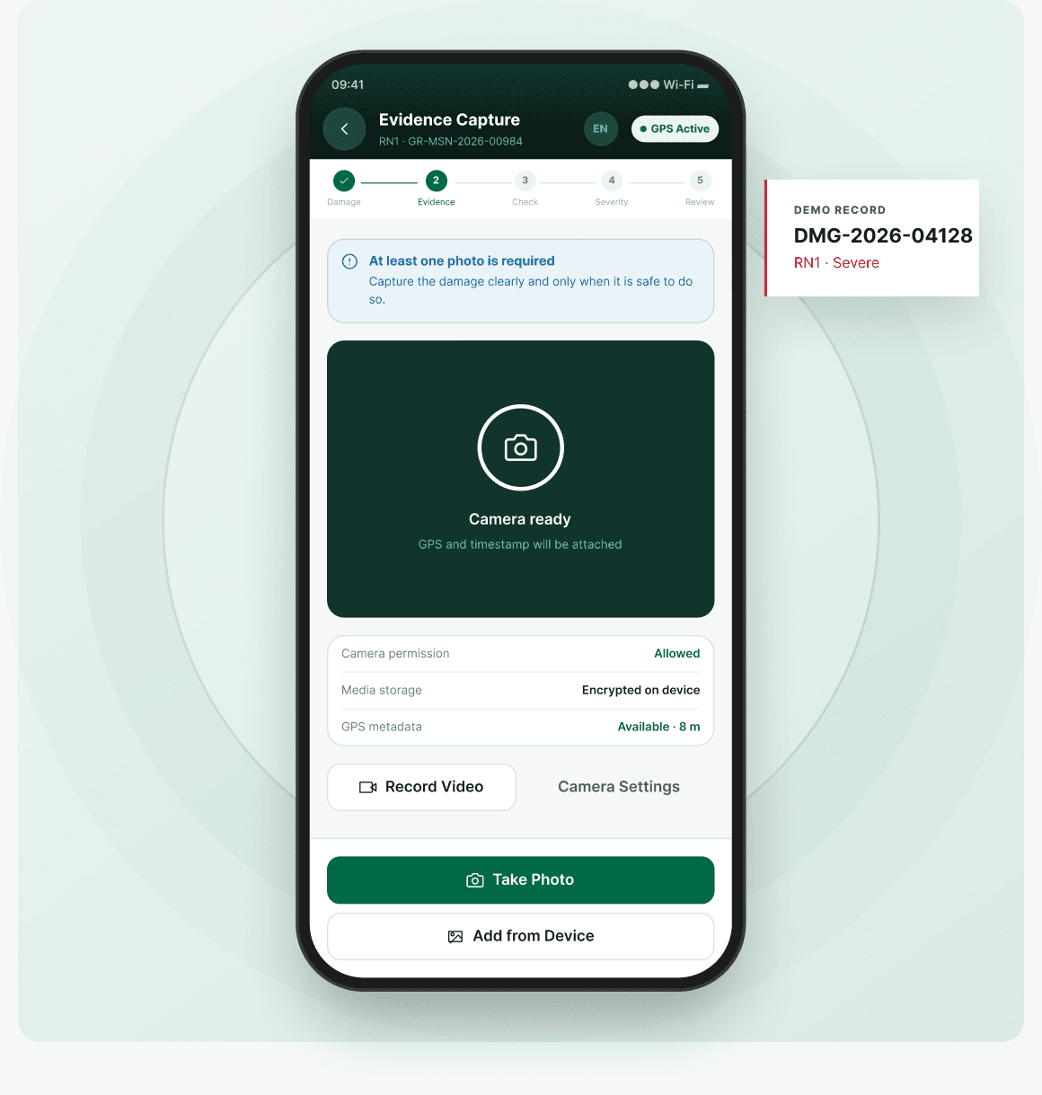 Evidence capture screen in the GuinéeRoute mobile app with a demo damage record