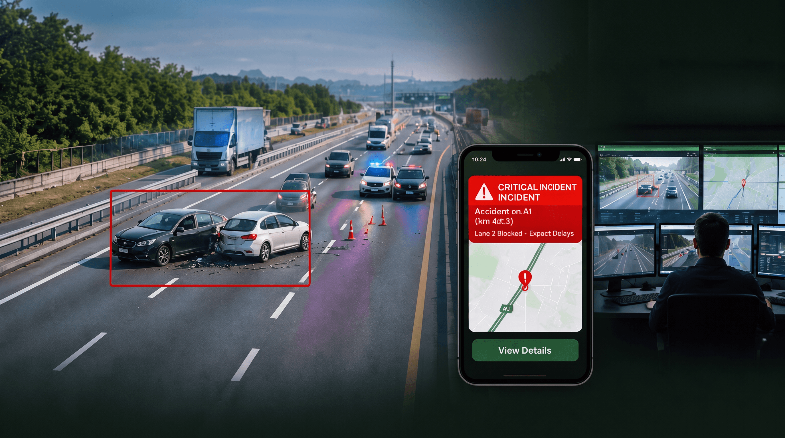 Highway incident flagged on the GuinéeRoute mobile app and monitored from a command centre