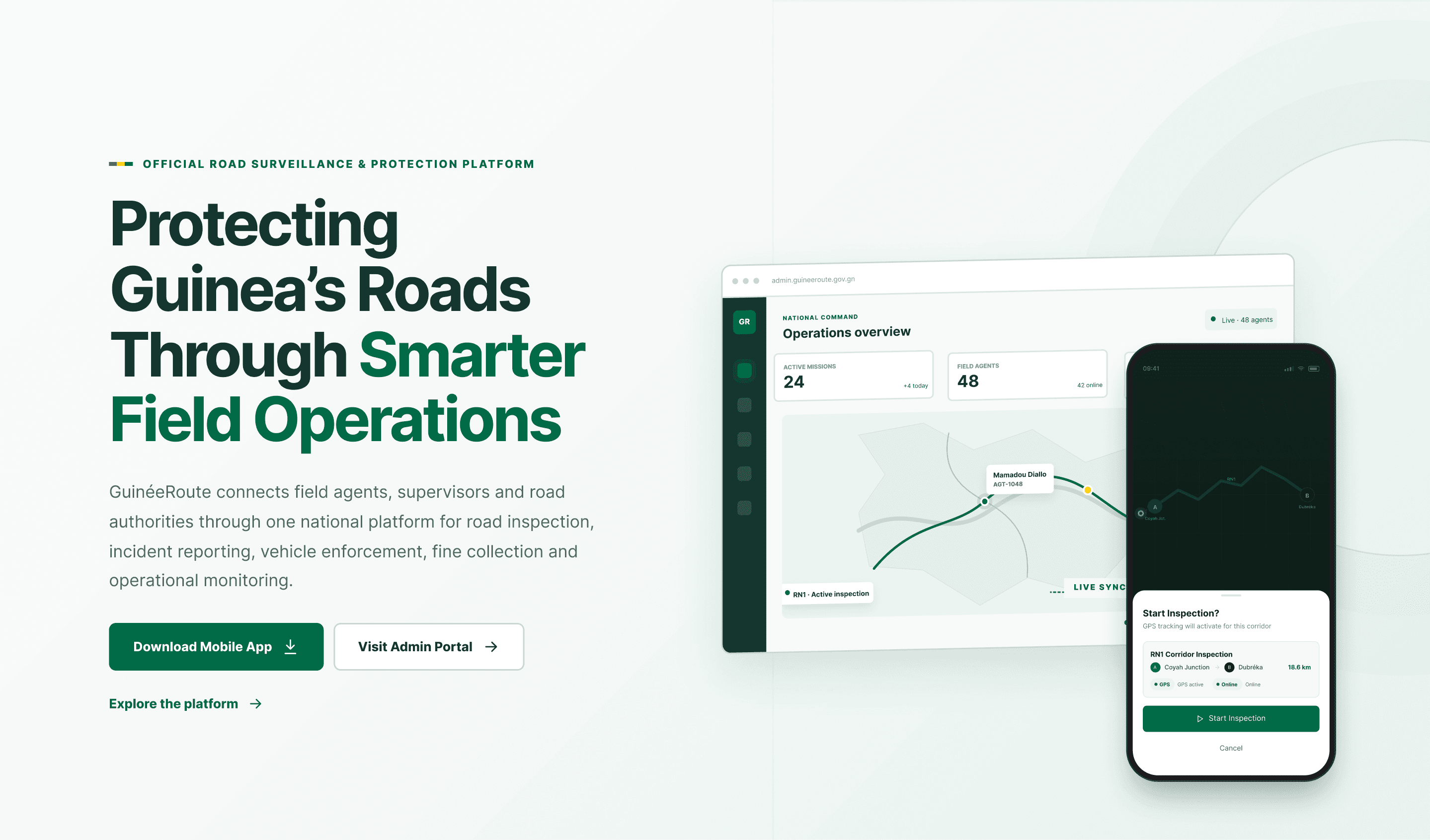 GuinéeRoute admin command dashboard alongside the field agent mobile app