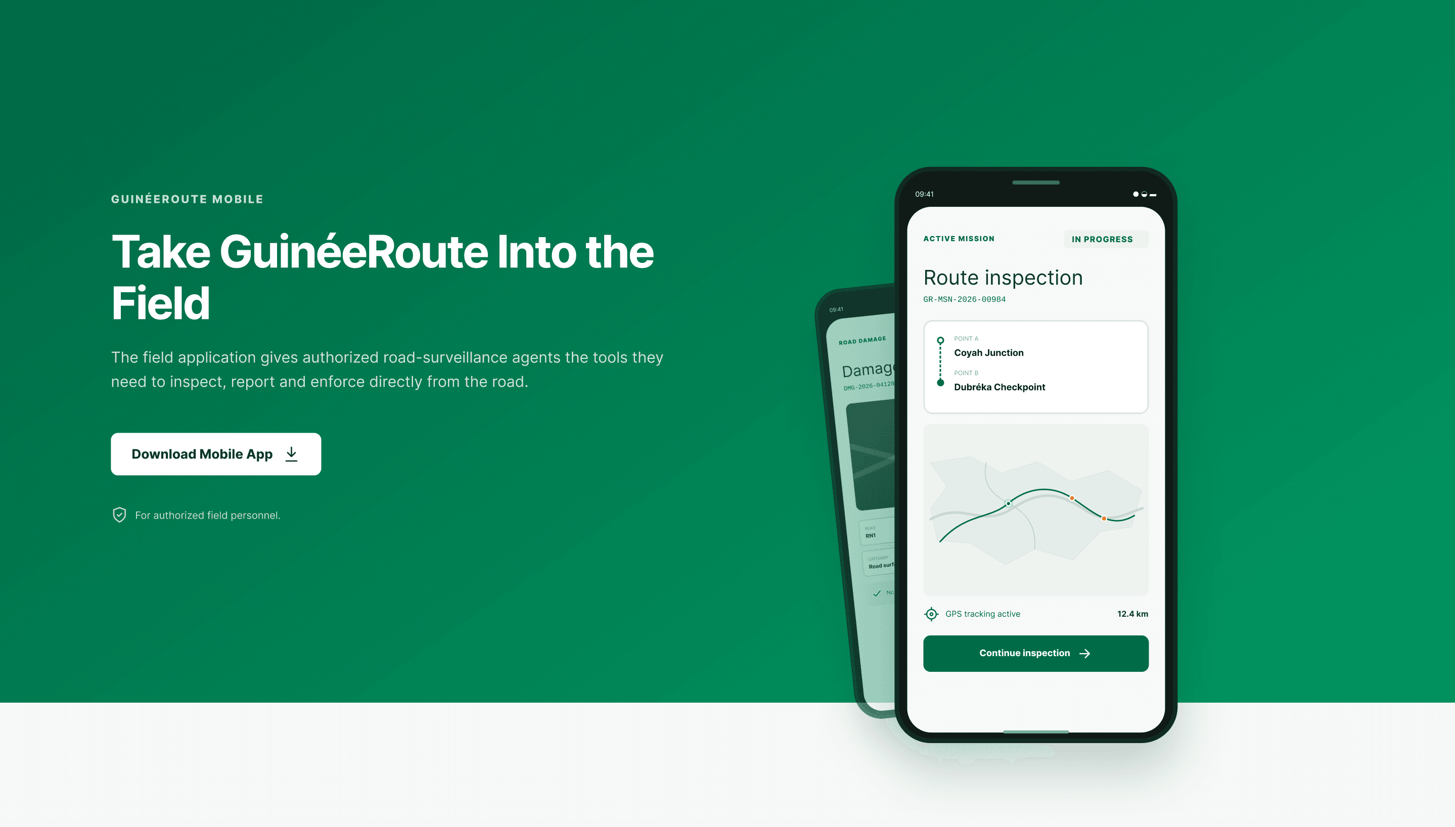 GuinéeRoute mobile app showing an active route inspection and a damage report