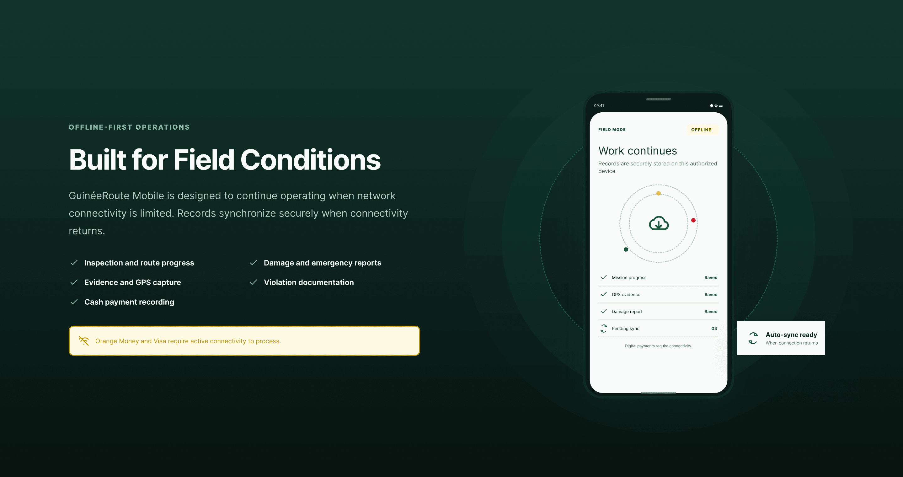 GuinéeRoute mobile app in offline field mode with records saved for auto-sync