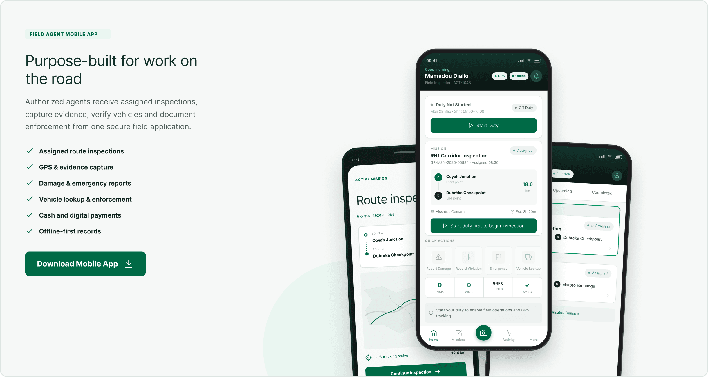 GuinéeRoute field agent mobile app screens: home, active mission and mission list