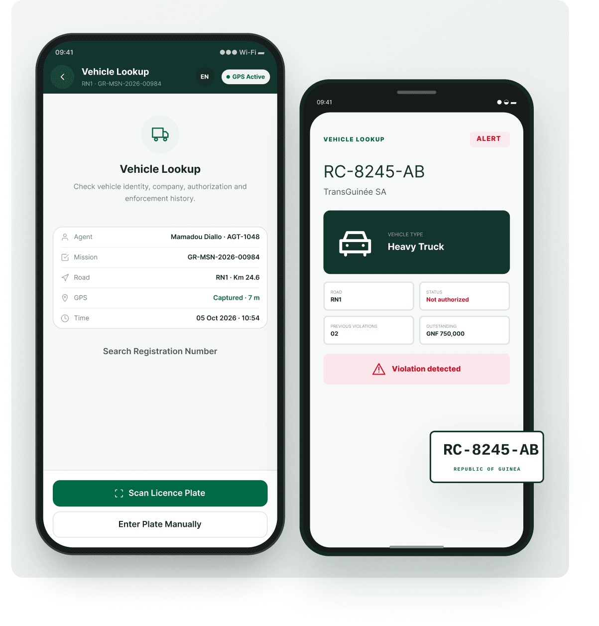 Vehicle lookup and plate scan screens in the GuinéeRoute mobile app